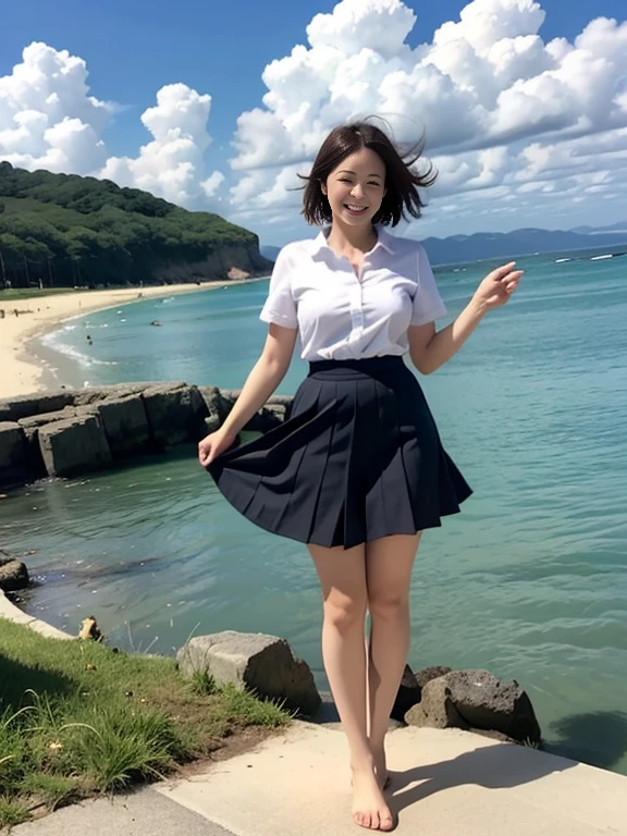 18Year old girl、A uniform skirt fluttering in the wind、Beautiful feet、Big ample breasts、smile、White shirt、Wide open chest、(Butt)、short hair、 information、coastal、Cloud、
