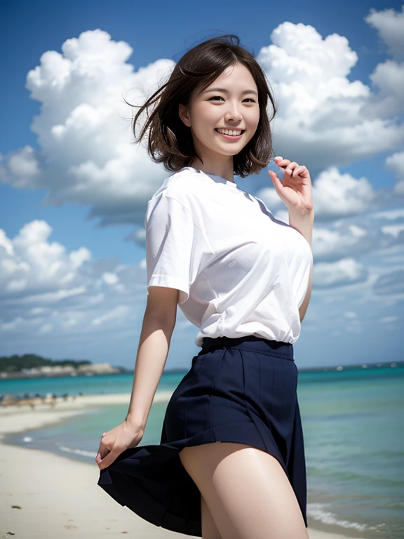１８Year old girl、A uniform skirt fluttering in the wind、Beautiful feet、Big ample breasts、smile、White shirt、Wide open chest、（Butt）、short hair、 information、coastal、Cloud、