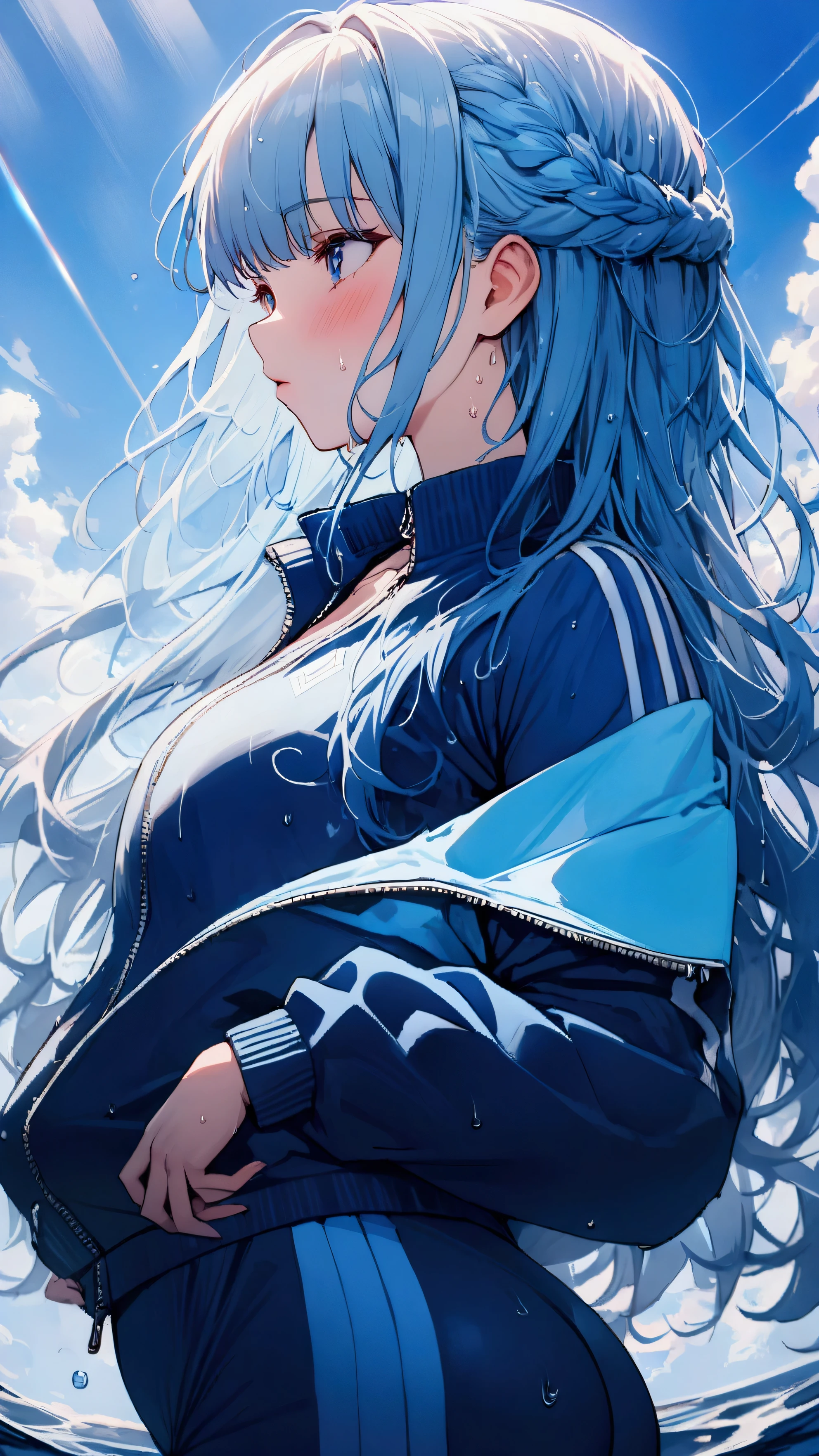 masterpiece, Highest quality, Ultra-high resolution, (beautiful girl: 1.3),Crown Blade,(((Her hair color is light blue.)))、Looks about 、 (Blue sweatpants:1.3), (The jacket is a blue track jacket..: 1.3), Enter the waterway、Wet、Focus on the very big things, Round and beautifully shaped butt、beautiful hair swaying in the wind,Put your arms behind your back,imminent kiss,From below