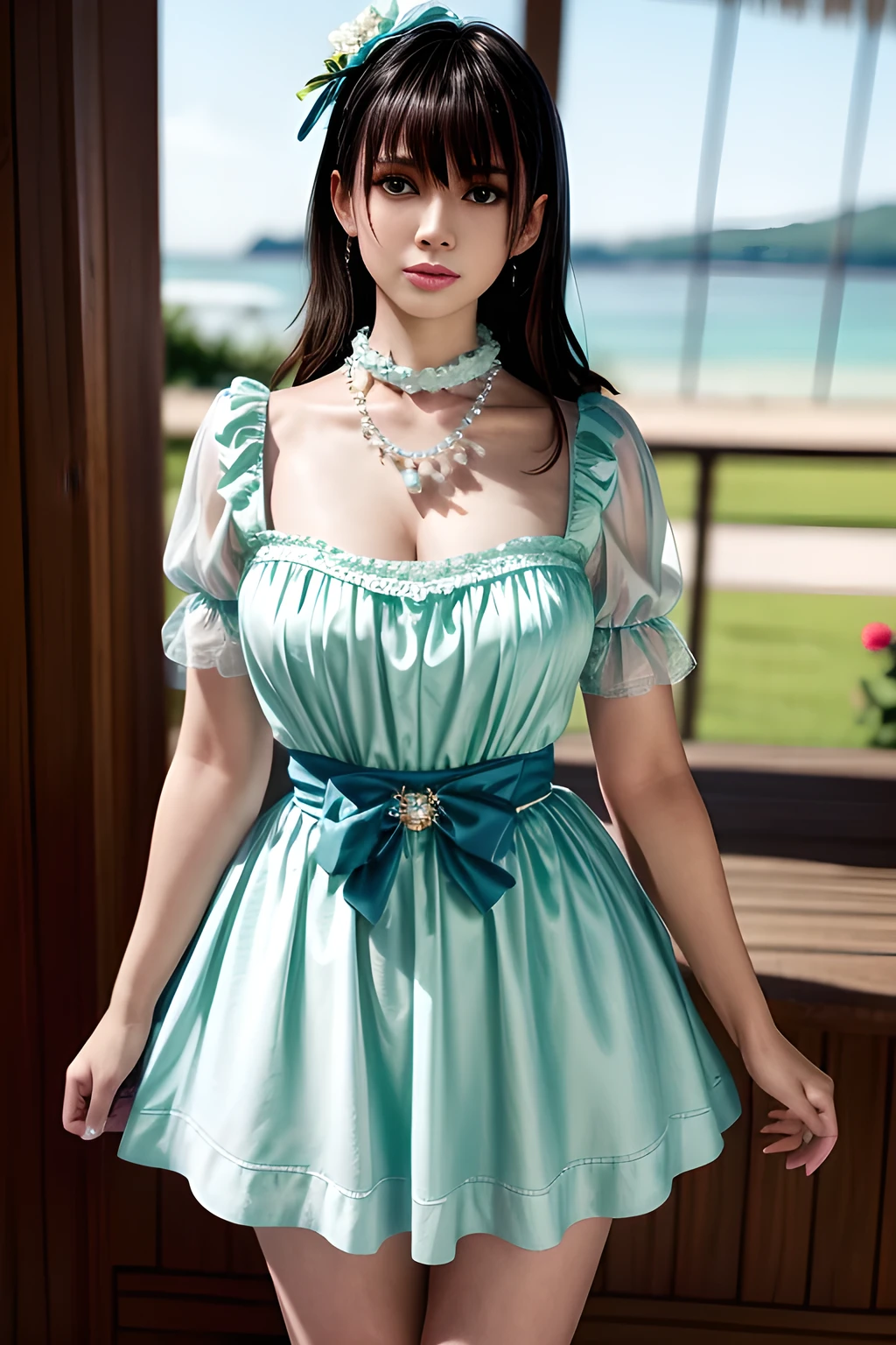 1girl,They wear a light green dress with sheer puff sleeves and a fitted bodice, tied with a light blue bow at the waist. The outfit exudes a feminine and sophisticated beauty, with a pearl necklace around her neck and flower accessories in her hair. The soft natural light creates a serene and elegant atmosphere, enhancing the overall composition. The background features floral elements and sheer curtains, adding an ethereal and springtime feel to the scene., (best quality,8k,highres,masterpiece:1.2),ultra-detailed,(realistic,photorealistic,photo-realistic:1.37),studio lighting,ultra-fine painting,sharp focus,physically-based rendering,extreme detail description,professional,vivid colors,,huge breasts,Nanami