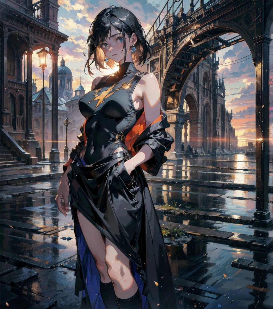 absurdres, RAW photo, extremely delicate and beautiful, masterpiece, Best Quality, ultra high resolution, 32k, hyperrealistic, ultra-detailed, Very detailed CG 8k wallpaper, detailed background, landscape, Beautiful Lighting, Perfect Lightning, Realistic Shadows, perfect anatomy, anatomically correct, perfect figure, Perfect Style, Perfect balance, super Detailed skin, in her 30s, very Slim body, narrow waist, very small head, very small face, delicate facial features, handsome detailed woman, very detailed eyes and face, realistic face proportions, Realistic beautiful face, Realistic beautiful eyes, tearful mole, earring, whole body shot, very huge round tits, medium hair, asymmetrical hair, outdoor, t-shirt, tank top, Hot Pants,