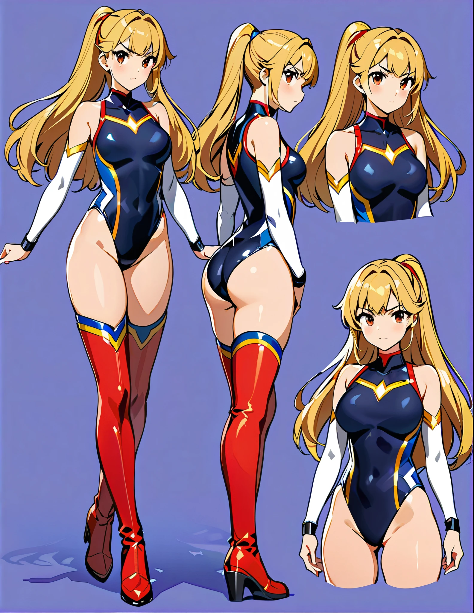 (masterpiece), (best quality), (high res), highly detailed, professional, 1girl, solo, solo focus, wonder, superhero, anime style, serious, v-shaped eyebrows, perfect hands, complete fingers, white elastic sleeves, (leotard, navy leotard, competition swimsuit), blonde hair, medium breasts, brown eyes, beautiful detailed eyes, cute eyes, cute face, long hair, looking at viewer, medium breasts, ponytail, (red boots, thighhighs), full body with costume, Simple background, Multiple Views, Character Sheet Full-Length.