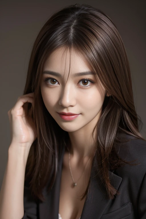 On the table，Highest quality, Realistically, Super detailed, More about pubic hair, High resolution, Plain background，8k wallpaper, One beautiful woman,,Light brown messy hair, Wear a dark suit, Lock Focus, Perfect dynamic composition, Beautiful Eyes, Delicate hair, 细致Realistically的皮肤纹理, smile, Close-up portrait, Model body type