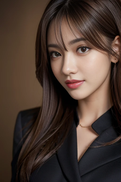 On the table,Highest quality, Realistically, Super detailed, More about pubic hair, High resolution, Plain background,8k wallpaper, One beautiful woman,,Light brown messy hair, Wear a dark suit, Lock Focus, Perfect dynamic composition, Beautiful Eyes, Delicate hair, 细致Realistically的皮肤纹理, smile, Close-up portrait, Model body type