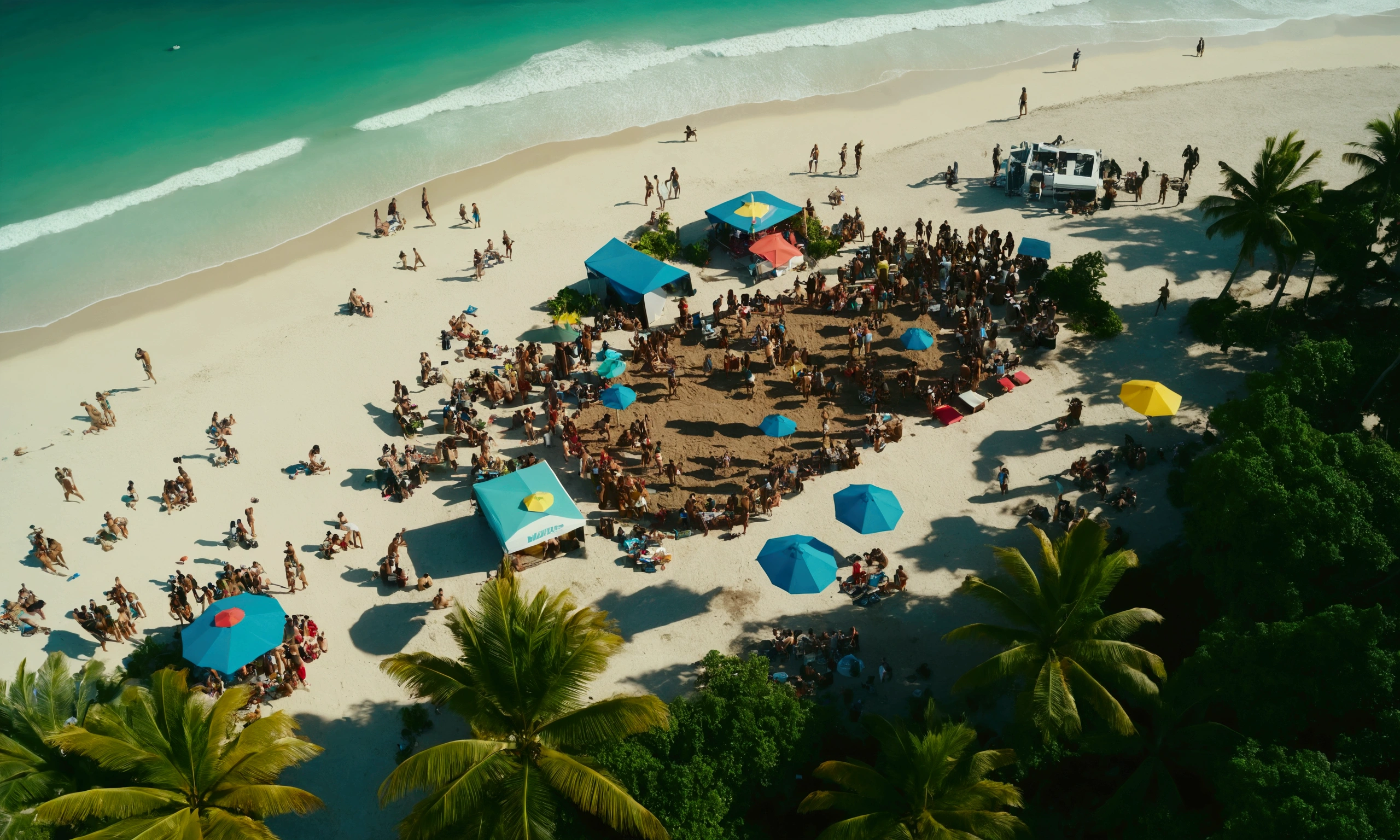 drone view of the beach party on a tropical island, rap ghetto vibe, 4k realistic, shot from above
