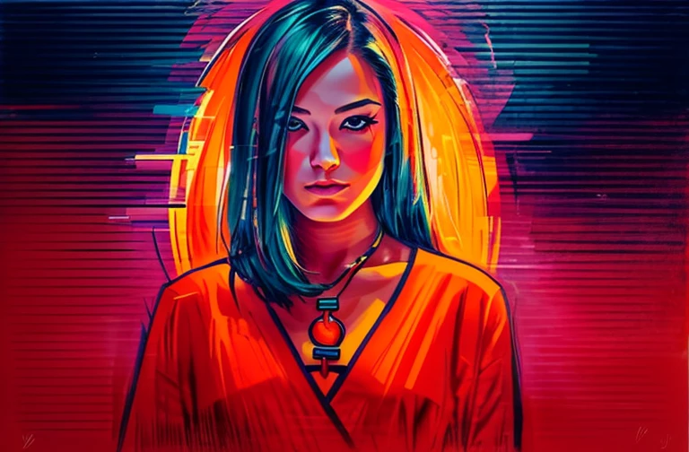 A vibrant, cinematic portrait of a young woman with striking, expressive features. Her face is a kaleidoscope of bold, vivid colors and dynamic brushstrokes, evoking a sense of raw emotion and artistic flair. The composition is visually captivating, drawing the viewer into the subject's intense, piercing gaze. The overall effect is one of energy, mystery, and a touch of the surreal, creating a truly mesmerizing and unforgettable image.