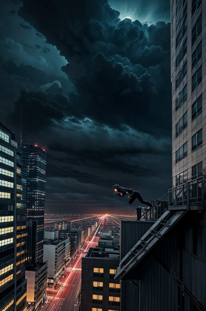 Imagina a anime badass men get suicide himself by fell down from large building in the big city in dark clouds at night