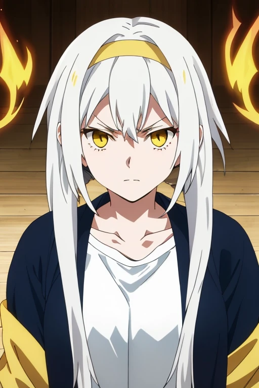 Velzard, bangs, Gold Eyes, White hair, hair between the eyes, waist length hair, hair in two pigtails, yellow headband, 1 girl, 13 years, Alone, Upper part of the body, in front of the viewer, looking at the viewer, very angry expression, icy ray from the hands