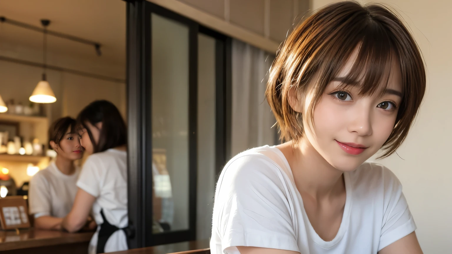 super high quality, smile, Slenderのネックレス, Slender, The staff is working at the counter in the back., (8k、RAW Photos、Highest quality、masterpiece:1.2), Japanese Idol, (Realistic、Photorealistic:1.37), Urban Cafe, Golden Ratio, Raw photo, Light Brown Hair, Small breasts, Bright cafe interior, Blurred Background, Summer clothes, Cafe Terrace, Open Cafe, Photographed inside the cafe, Pretty face, Hair blowing in the wind, Neat clothes, T-Shirts, Very Short Hair, 18-year-old,