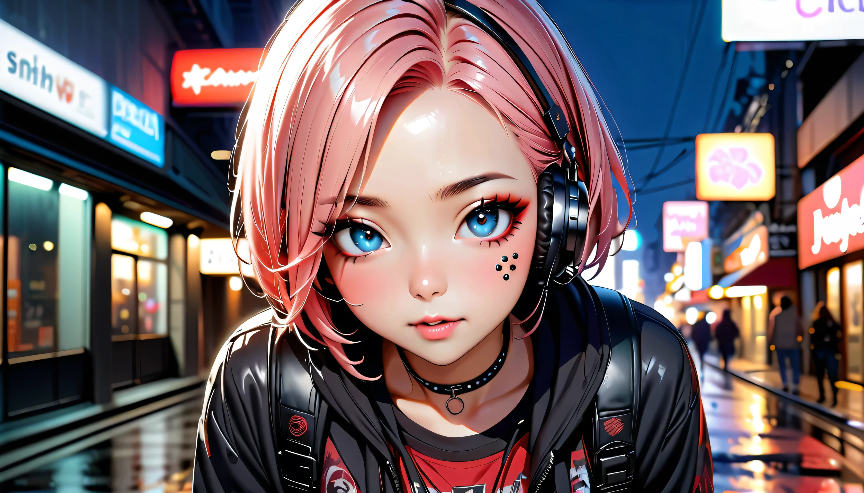 (Highest quality、8k、32K、masterpiece、Hmph:1.3)、(Photorealistic:1.4),(Shoot from the front,View Viewer 1.5)、18-year-old punk girl,Unusual short punk hair,(Multiple facial piercings 1.5)、((Black and shocking red punk fashion 1.5)),Clothes with studs、Black backpack on the back、（A person with bright black and pink hair.5）,Wacky makeup、、Dark Background、A desolate town soaked in rain、Puddles on the road、(Cinema Lighting)、Written boundary depth,Blurred Background、(Headphones)