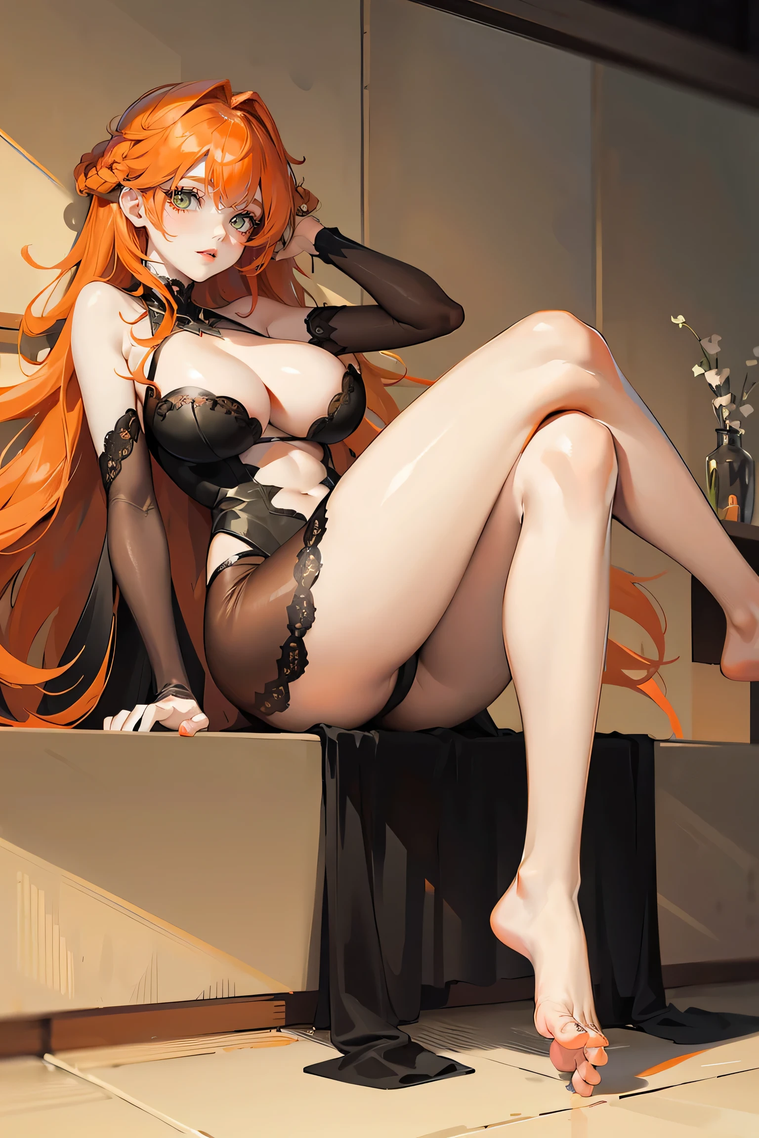 long orange hair, green eyes, large cleavage, pale skin, black, showing feet, soles, detailed toes