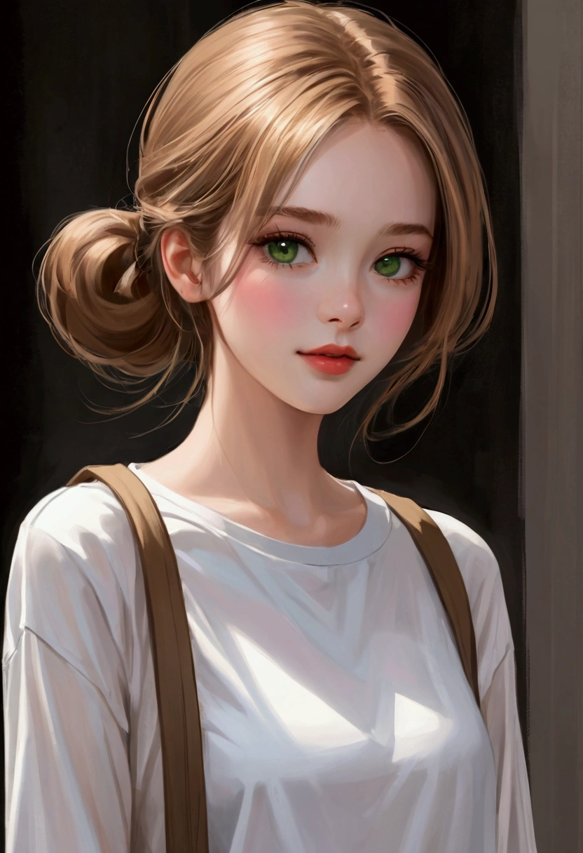 Emily is a 23-year-old girl,has light brown hair, Usually tied in a bun or ponytail. His eyes are green,Expressive, Conveys his gentle and warm personality. She is of average height, Approx. 1.65 minutes, Benefit from regular exercise,Slim and stylish. Emily likes to dress simply and comfortably, Wear practical clothes, Long-sleeved shirts and neutral colors. She usually wears light makeup, Love the natural look. best quality, Realistic photos, 32 thousand.
