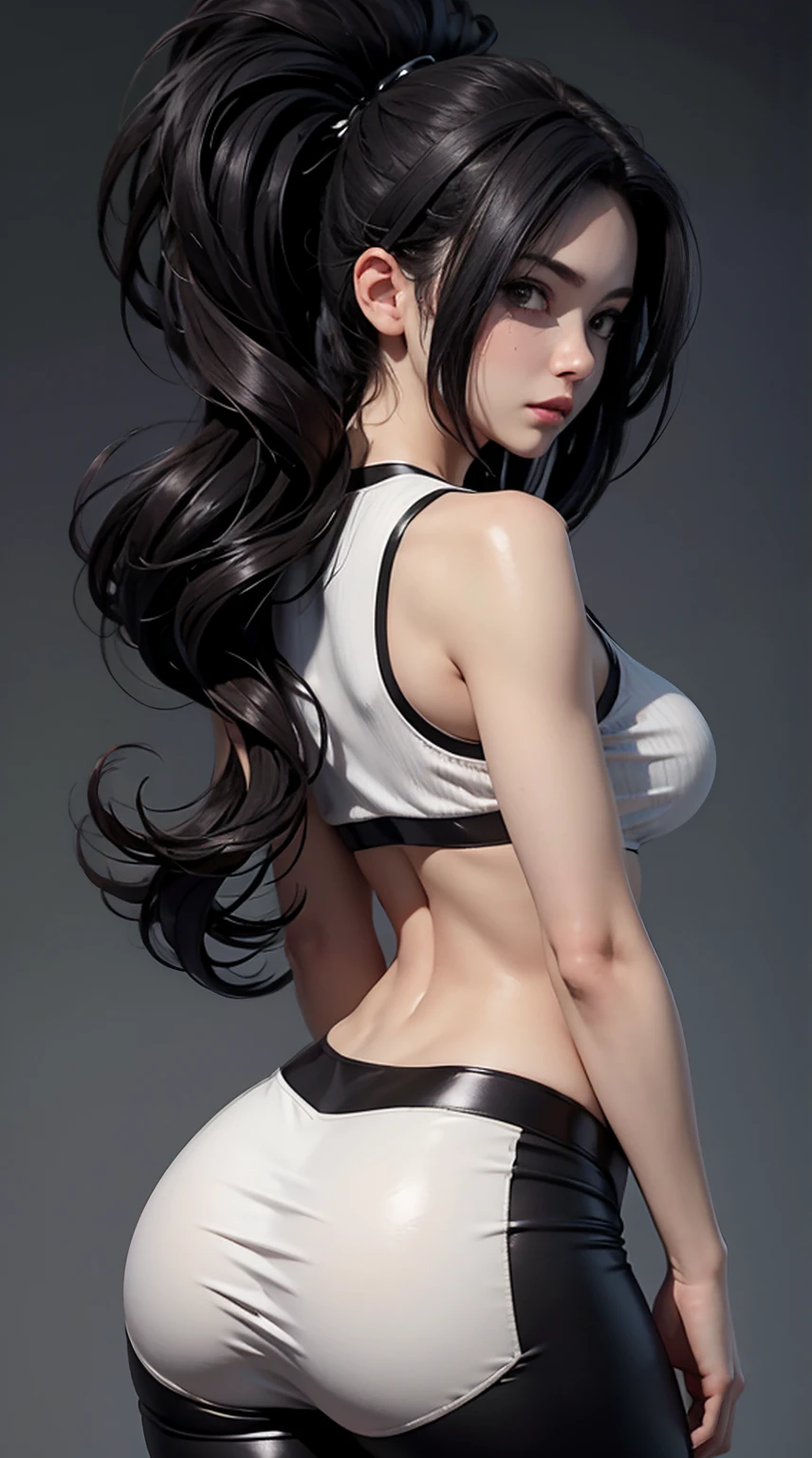 arafed woman in a black top and white pants posing for a picture, thicc, amouranth, smooth translucent white skin, back pose, toned derriere, wearing tight simple clothes, backview, back - view, tight outfit, wearing black tight clothing, thin waist, skintight black clothes, tifa lockhart, shiny white skin, xision wu