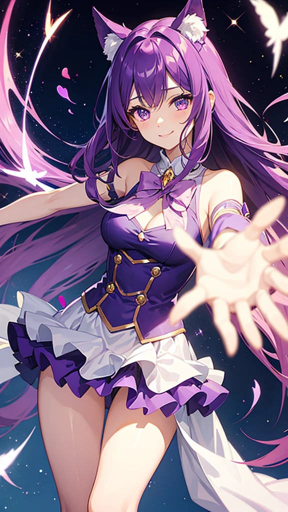 Magical girl　Purple long hair　Sharp Eyes　A costume with a flashy design　Flashy decorations on clothes　mini skirt　Great style　A gentle smile　charisma　Sharp Eyes