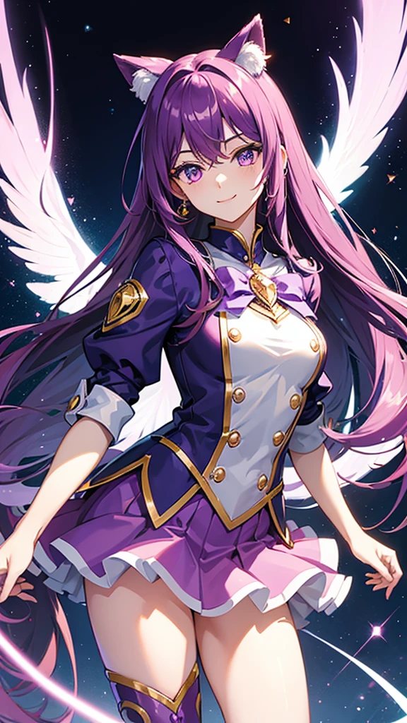 Magical girl Purple long hair Sharp Eyes A costume with a flashy design Flashy decorations on clothes mini skirt Great style A gentle smile charisma Sharp Eyes