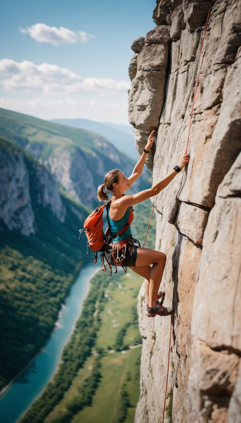 Realistic photography, sport photography, full body shot,  dynamic shot, woman, extreme mountain climbing, hanging high in air on cliff, holding with hand vertically wall of mountain, summer,  , fast capture photo, motion blur, shallow depth of field, bokeh, 8k, film grain, made by dslr