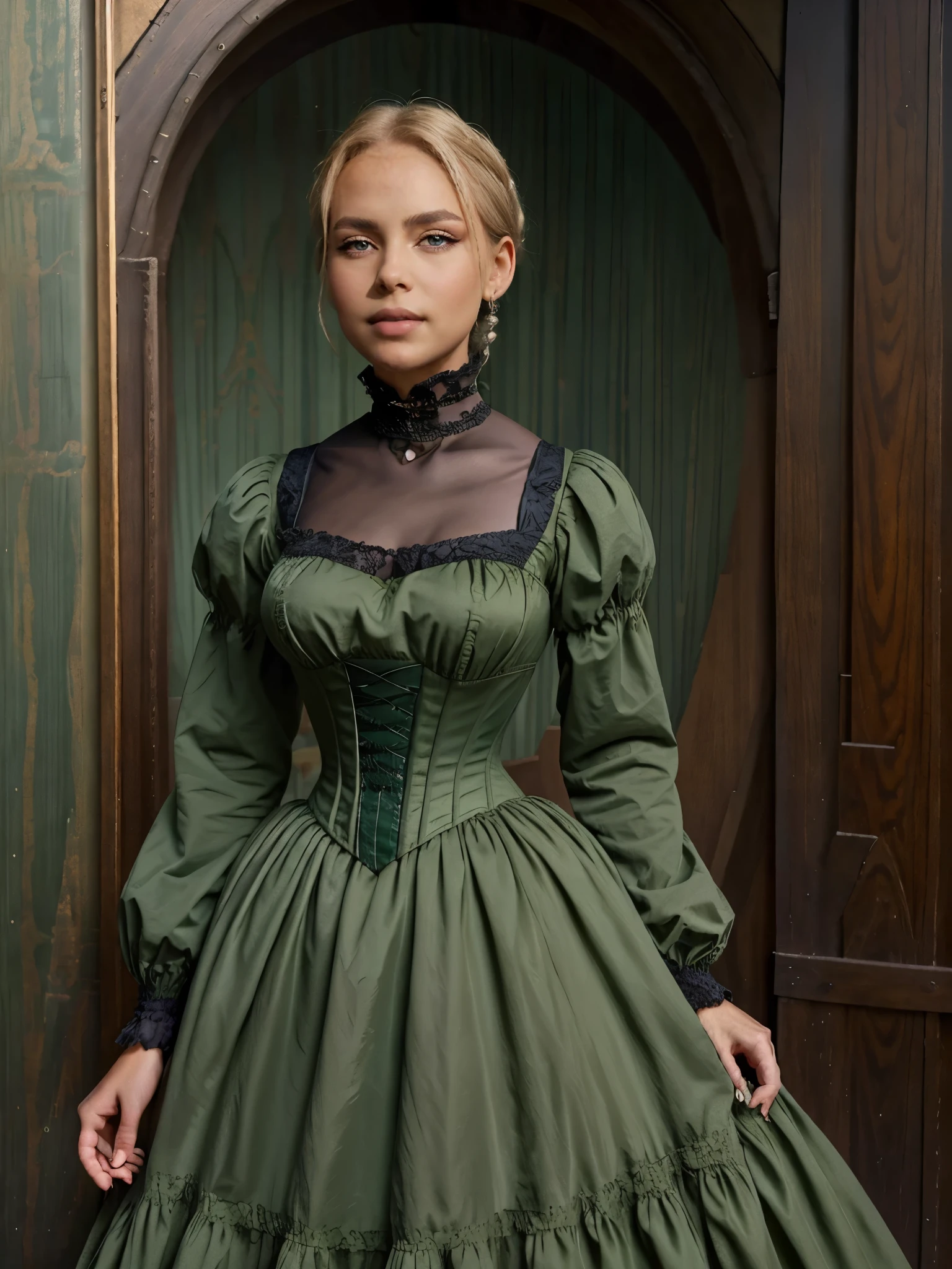 Foto hiperrealista en primer plano de 20 years old Maria Bello, Create dystopian masterpieces, victorian era clothing, rich dress, wearing a Victorian-era dress with long-sleeves, green dress, victorian saloon, beautiful woman, skinny, small breasts, straight blond hair, detailed face, smile smile, photo taken from a distance, age 20 tears old