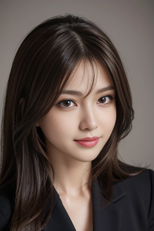 On the table，Highest quality, Realistically, Super detailed, More about pubic hair, High resolution, Plain background，8k wallpaper, One beautiful woman,,Light brown messy hair, Wear a dark suit, Lock Focus, Perfect dynamic composition, Beautiful Eyes, Delicate hair, 细致Realistically的皮肤纹理, smile, Close-up portrait, Model body type
