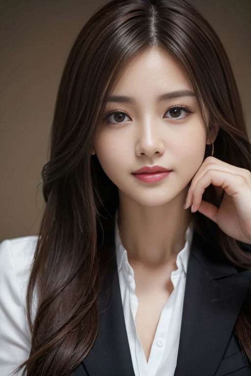 On the table，Highest quality, Realistically, Super detailed, More about pubic hair, High resolution, Plain background，8k wallpaper, One beautiful woman,,Light brown messy hair, Wear a dark suit, Lock Focus, Perfect dynamic composition, Beautiful Eyes, Delicate hair, 细致Realistically的皮肤纹理, smile, Close-up portrait, Model body type
