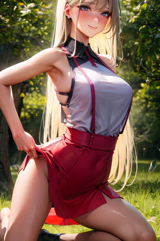 Top Definition, Masterpiece, 4K, High Definition, One mature adult woman, one big dog, woman has platinum blonde, straight hair, one length. Slit eyes, sharp gaze, model-like beauty, perfect proportions. Sleeveless shirt, tight mini skirt.
. The woman is flushed red and has a shy smile on her face.(A woman is on all fours in a grassy meadow. A large dog is clinging to the woman's back.)A complete body. Full hands and legs.
(The woman has a blush on her cheeks and a shy smile on her face.
(Very short skirt).
(Very short skirt).