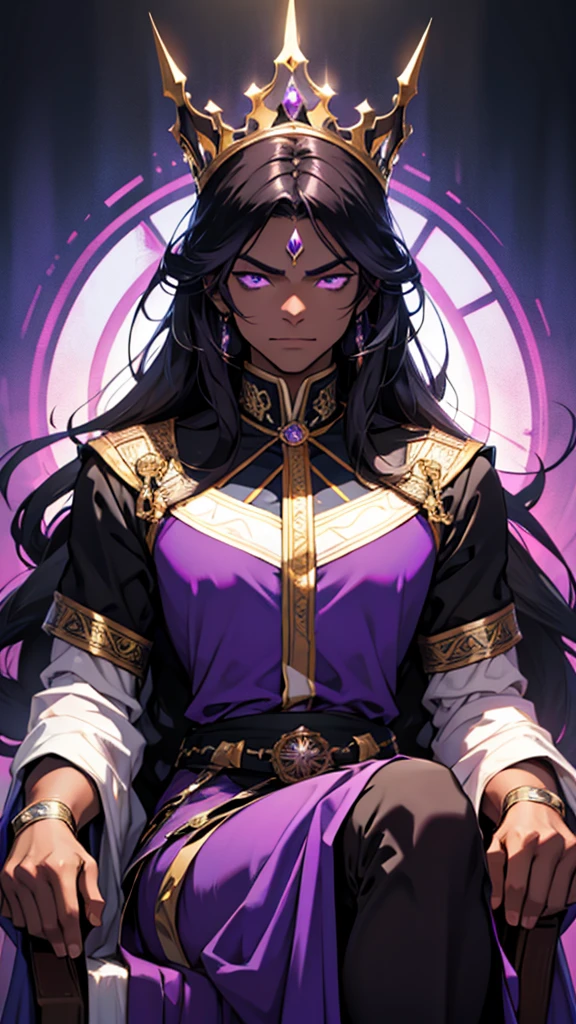 A king with dark skin purple eyes black long hair wearing royal fantasy dress with serious mood