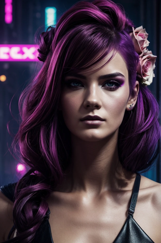 Photo brute, superbe photo dans un style cyberpunk, fermer, fille cyberpunk, cheveux longs multicolores (roses, noirs, blancs), maquillage lumineux, forme d'Athlete, veste de cuir, bracelets sur les bras, Short en cuir, protections sur les bras et les jambes, Nuit, rue, Nuit city, le clair de lune traverse les cheveux, Photo sombre, regarde le spectateur