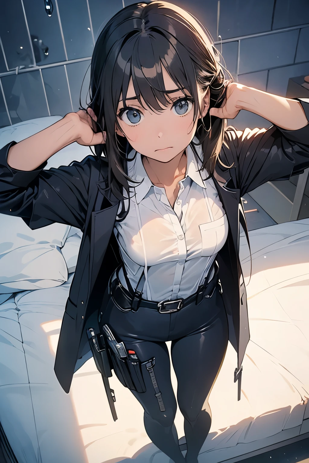 1 female, , high quality, masterpiece, Ultra-high resolution, , Cinema Lighting, , , And the suspenders with the cranes flying　　　Large Breasts　 　 　　　　Small face　 　　　holster　　　　　　　 Lying in bed　Looking up　　　　Sweat 　　　belt　summer　脇Sweat 　Black Hole Gloves　suit　shirt　　Black jacket　 Black trousers　Leg Links　ズボンにbelt　　holster　 　　Hands behind your back　 Anxious expression　Looking up　Anxious face, legs apart　Armament　Handgun　handcuffs　Cable ties　レッグholster　holster　See-through clothing　heavy rain　Getting wet in the rain