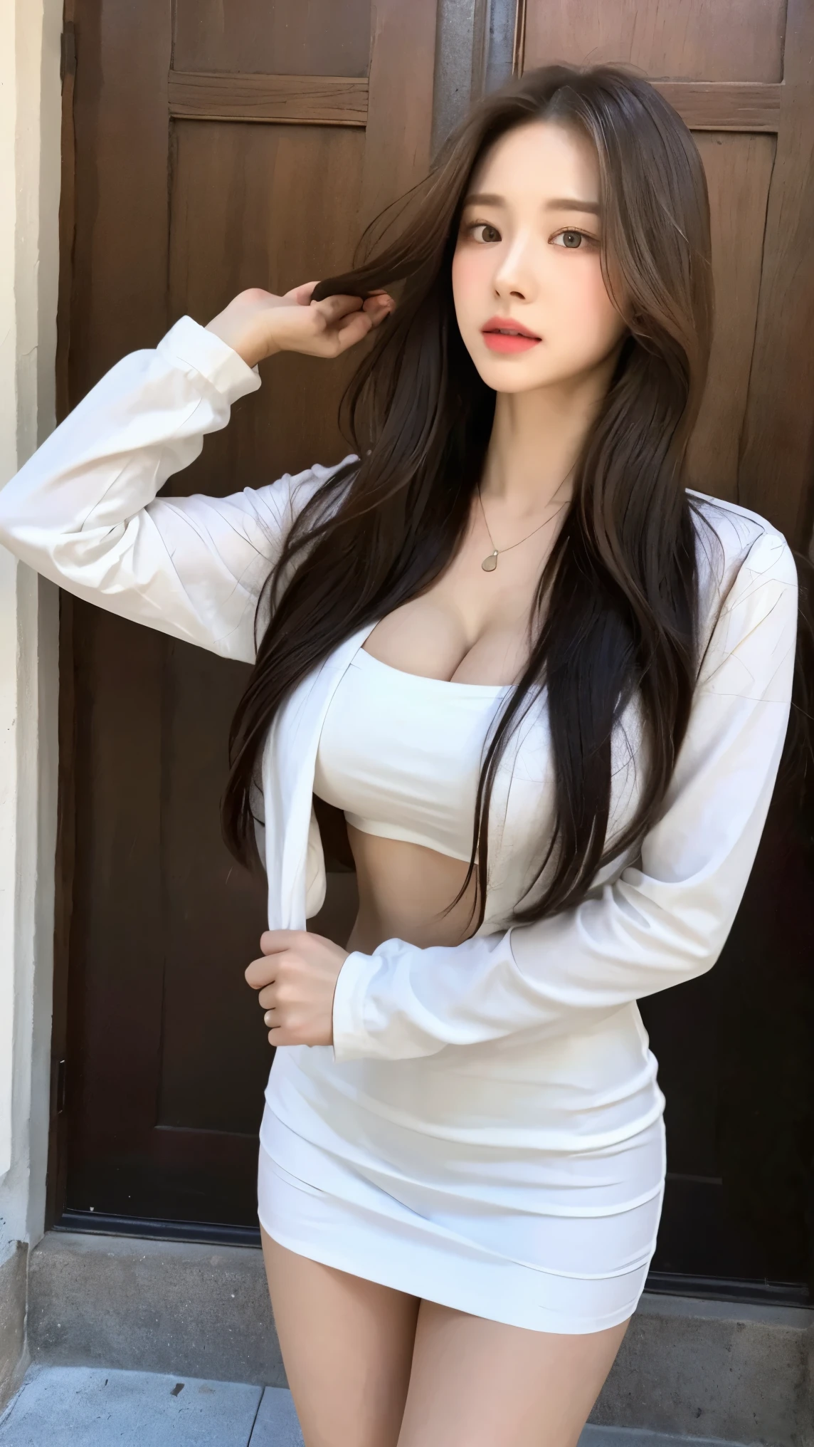 A girl with a perfect figure， very beautiful face and eyes，long hair， , Huge breasts,Huge breasts,The bust is really big，Baogou,White Girl,mini skirt,beautiful skin，Soaked clothes