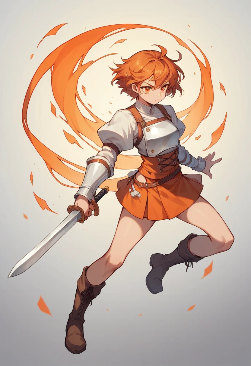 a girl with orange medium hair, holding a sword in her right hand, wearing a white breastplate, a brown mini skirt, and boots of clove dye color, with orange eyes, attempting to slash