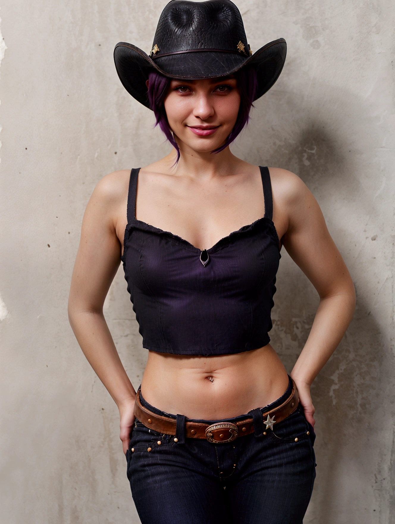 slim girl with ((black purple pixie short undercut haircut)), 18 years old, ((cowboy hat)), cowgirl, neutral background, smile, cowboy boots, jeans, black top