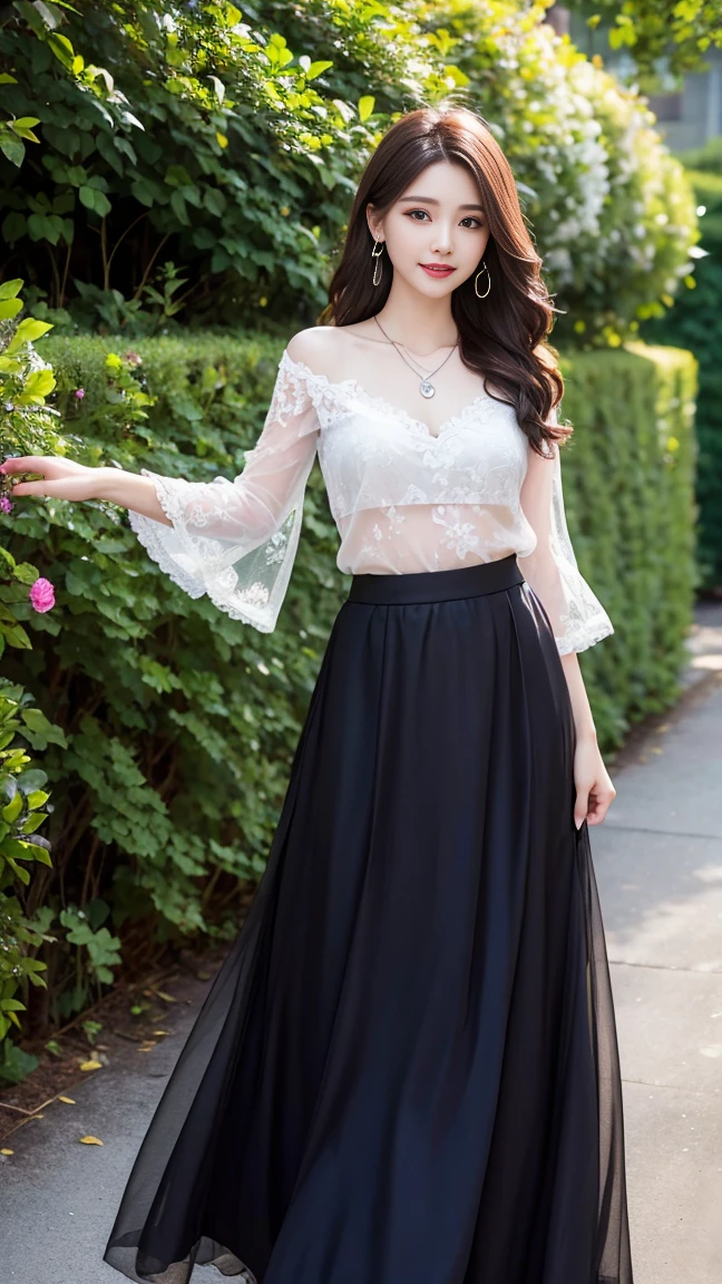 (Highest quality、 8k 、masterpiece、High resolution)、wallpaper、Young Woman、Ample breasts、Beautiful clavicle、Slender beauty、(Brown hair medium、My hair is blowing in the wind、Flows backwards)、whole body、 (Beautiful Face,Beautiful Eyes,Beautiful nose,Pretty lips)、(Flower Earrings、silver heart pendant necklace)、(Feminine Style、3/4 Sleeve Lace Blouse、Black see-through long skirt)、Her mouth opens slightly and a smile appears.、Dynamic pose、Outdoor、garden、Colorful flowers、looking at the camera、Professional Lighting、Professional photographer、