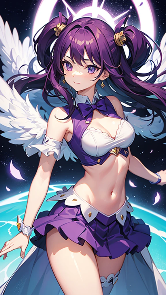 Magical girl Purple long hair Sharp Eyes A costume with a flashy design Flashy decorations on clothes mini skirt Great style A gentle smile charisma Sharp Eyes