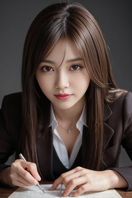 On the table，Highest quality, Realistically, Super detailed, More about pubic hair, High resolution, Plain background，8k wallpaper, One beautiful woman,,Light brown messy hair, Wear a dark suit, Lock Focus, Perfect dynamic composition, Beautiful Eyes, Delicate hair, 细致Realistically的皮肤纹理, smile, Close-up portrait, Model body type