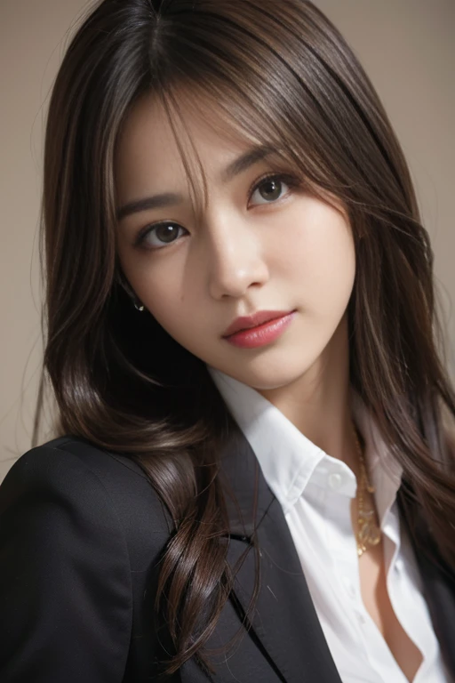 On the table,Highest quality, Realistically, Super detailed, More about pubic hair, High resolution, Plain background,8k wallpaper, One beautiful woman,,Light brown messy hair, Wear a dark suit, Lock Focus, Perfect dynamic composition, Beautiful Eyes, Delicate hair, 细致Realistically的皮肤纹理, smile, Close-up portrait, Model body type