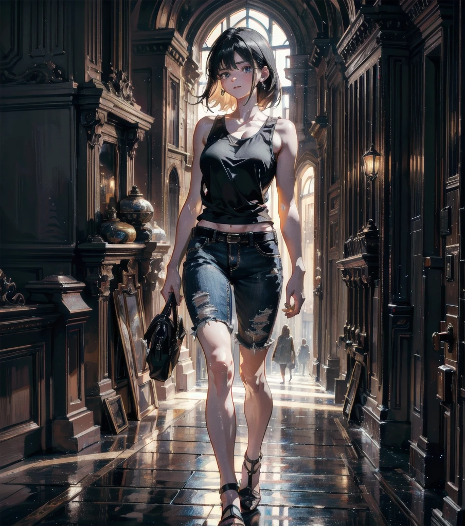 absurdres, RAW photo, extremely delicate and beautiful, masterpiece, Best Quality, ultra high resolution, 32k, hyperrealistic, ultra-detailed, Very detailed CG 8k wallpaper, detailed background, landscape, Beautiful Lighting, Perfect Lightning, Realistic Shadows, perfect anatomy, anatomically correct, perfect figure, Perfect Style, Perfect balance, super Detailed skin, in her 30s, very Slim body, narrow waist, very small head, very small face, delicate facial features, handsome detailed woman, very detailed eyes and face, realistic face proportions, Realistic beautiful face, Realistic beautiful eyes, tearful mole, earring, whole body shot, very huge round tits, medium hair, asymmetrical hair, outdoor, t-shirt, tank top, Hot Pants,
