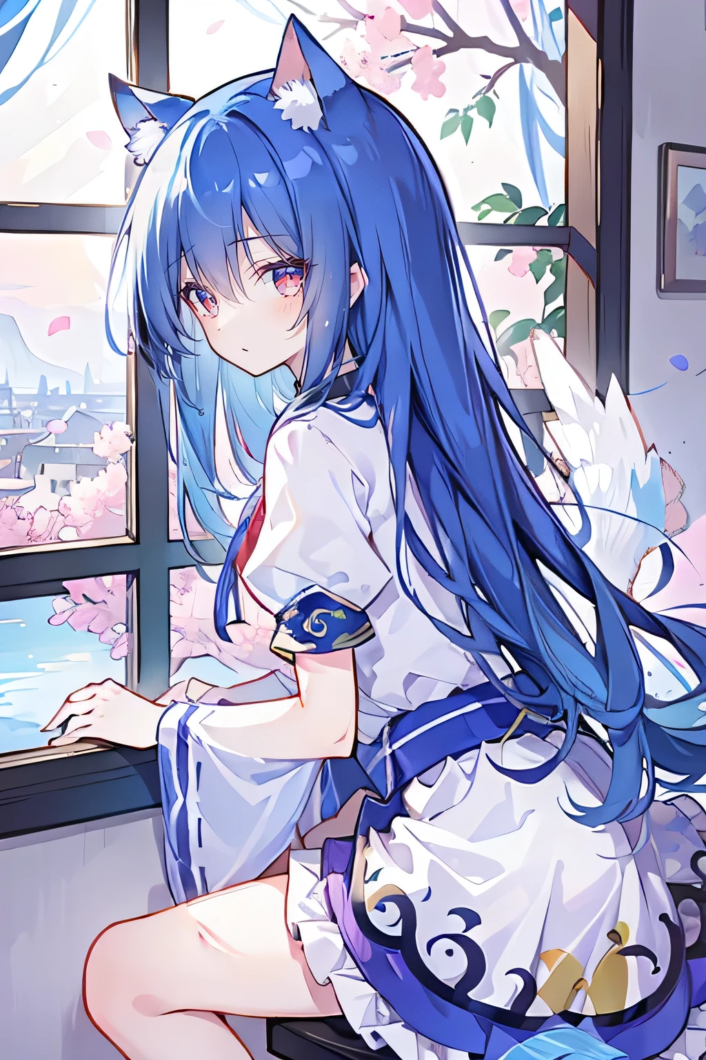 （masterpiece：1.2），Super detailed，lifelike，Expressive eyes，fair skin，perfect face shape，1 girl，
Japanese comics,Gorgeous blue hair,flowing blue hair,flowing clothes,Cat ears,Petals fall,beautiful lola,Baby Angel,
Shaking head with one hand，Cross your legs，，The pavilion is cool and comfortable,smile,back views,sunrise,Petals fall,sunrise，sitting on window sill drinking coffee and looking out the window。