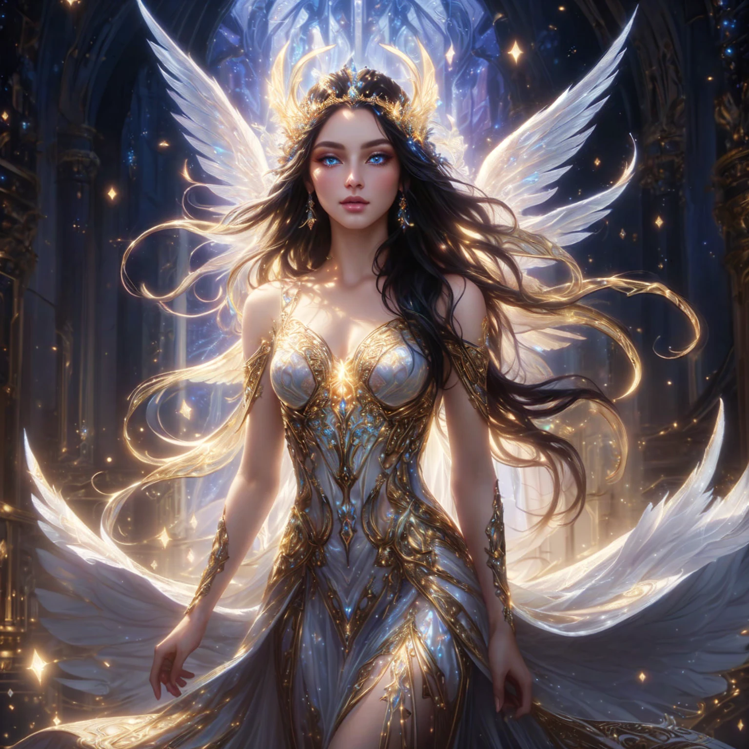 Supermodel woman, beautiful goddess in a beautiful white and gold dress. Long black hair and wings, Fantasy art style, ((Beautiful Fantasy Empress)), Detailed fantasy art, Beautiful Fantasy Empress, epic , beautiful heavenly mage, Ethereal fantasy, The beautiful and elegant Elf Queen. , gorgeous blue eyes ,