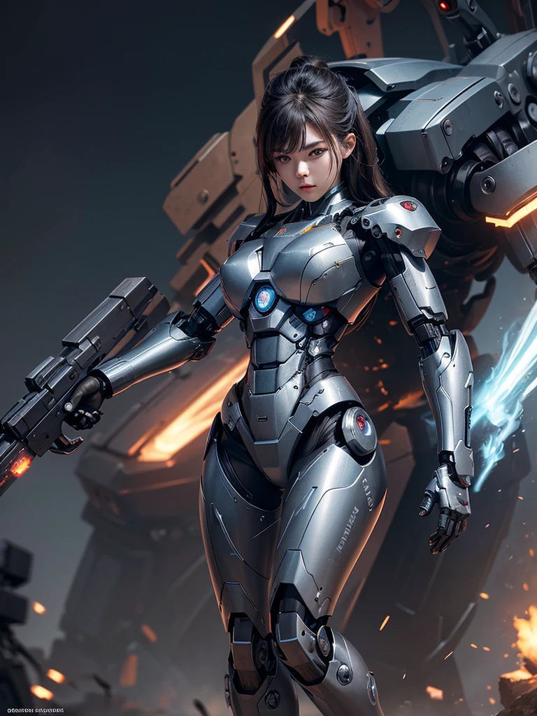 rough skin, Super detailed, advanced details, high quality, 最high quality, High resolution, 1080P, hard disk, beautiful,(War Machine),Beautiful cyborg woman,Mecha cyborg girl,battle mode,Mecha body girl,She's wearing a futuristic War Machine mech,full body shot