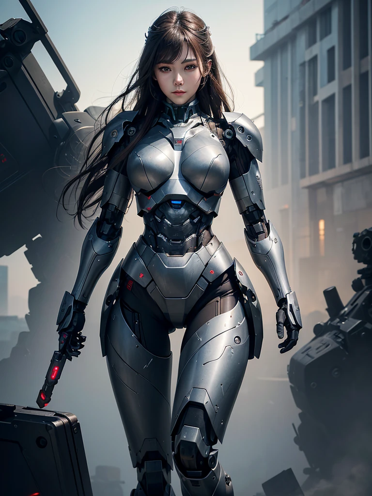 rough skin, Super detailed, advanced details, high quality, 最high quality, High resolution, 1080P, hard disk, beautiful,(War Machine),Beautiful cyborg woman,Mecha cyborg girl,battle mode,Mecha body girl,She's wearing a futuristic War Machine mech,full body shot