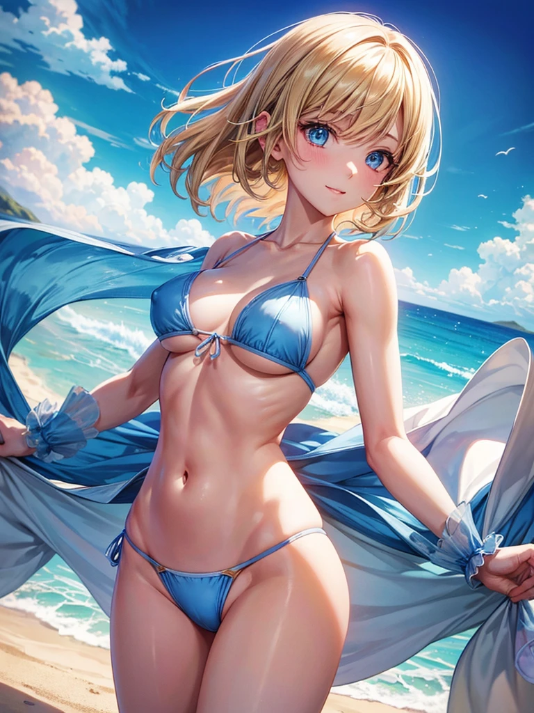 Anime style, super fine illustration, highly detailed, dynamic angle, beautiful detailed, pale tone image, gentle expression, pretty 1girl with blonde straight short hair & blue eyes & a bright smile & full bust & pink nipples & soft fair skin is wearing a light blue bikini on the romantic beach, brilliant particles of ligfts, Magic hour, romantic stories, solo, perfect fingers, perfect arms, perfect legs, masterpiece.