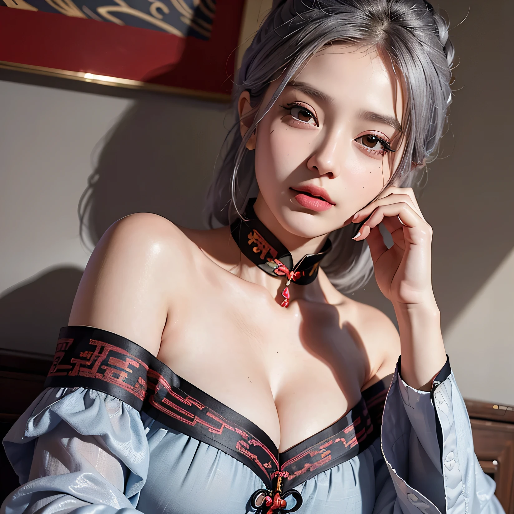 best quality, masterpiece, ultra high res, (photorealistic:1.4), 1girl, off-shoulder shirt, ((traditional chinese dress:1)), black choker, (faded ash gray hair:1), (huge breasts:1.2), looking at viewer, closeup,