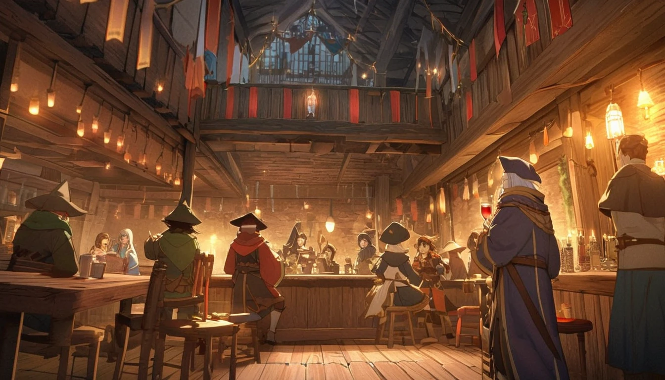 8k, high quality, The theme is medieval magic RPG. The settings view is、The whole izakaya and the people there々々It was taken from a distance、, The setting is an old wooden izakaya, The greatest of the Middle Ages.、Inspired by magical RPGs、Painted in every detail, The furniture is antique, The walls are made of wood、There are candles lighting up the view、There are also some windows, The floor is wooden.., There are a lot of people (maleと女, wearing costumes of Wizard knight pirate thief monk cleric and other magical role-playing classes, Appear on the scene, Woman in short dress) They are sitting on chairs at tables around the venue drinking.. (Beer and red wine mugs) and laugh, There are a lot of people (over 10 maleと女, wearing costumes of Wizard knight pirate thief monk cleric and other magical role-playing classes, Enter the scene, Woman in short dress) drinking beer and laugh and partying together with a man (focus of the scene, male, Wizard, 31 years old, Muscular, Hairless, length, pointed Wizard's hat , wearing magical role-playing Wizard clothes, length黒ひげ, Freckled white skin, Handsome smiling face, In his left hand he holds a 3 liter mug of red wine., Whole-body vision). The atmosphere on the scene is full of joy., Celebrations and festivities..