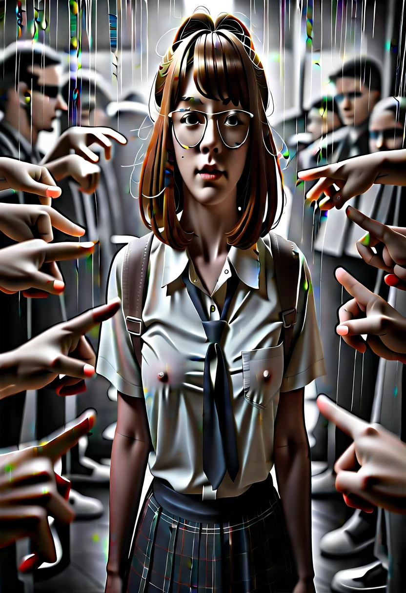 there is a woman, bob hair, glasses, transparent white shirt, , standing in a crowd of people with her hands in the air, hyperrealistic , a hyperrealistic , cinematic. by leng jun, cinematic photograph concept art, artwork in the style of guweiz, wojtek fus, by Rudy Siswanto, cinematic realistic photo, 3 d anime realistic, realistic anime 3 d style
