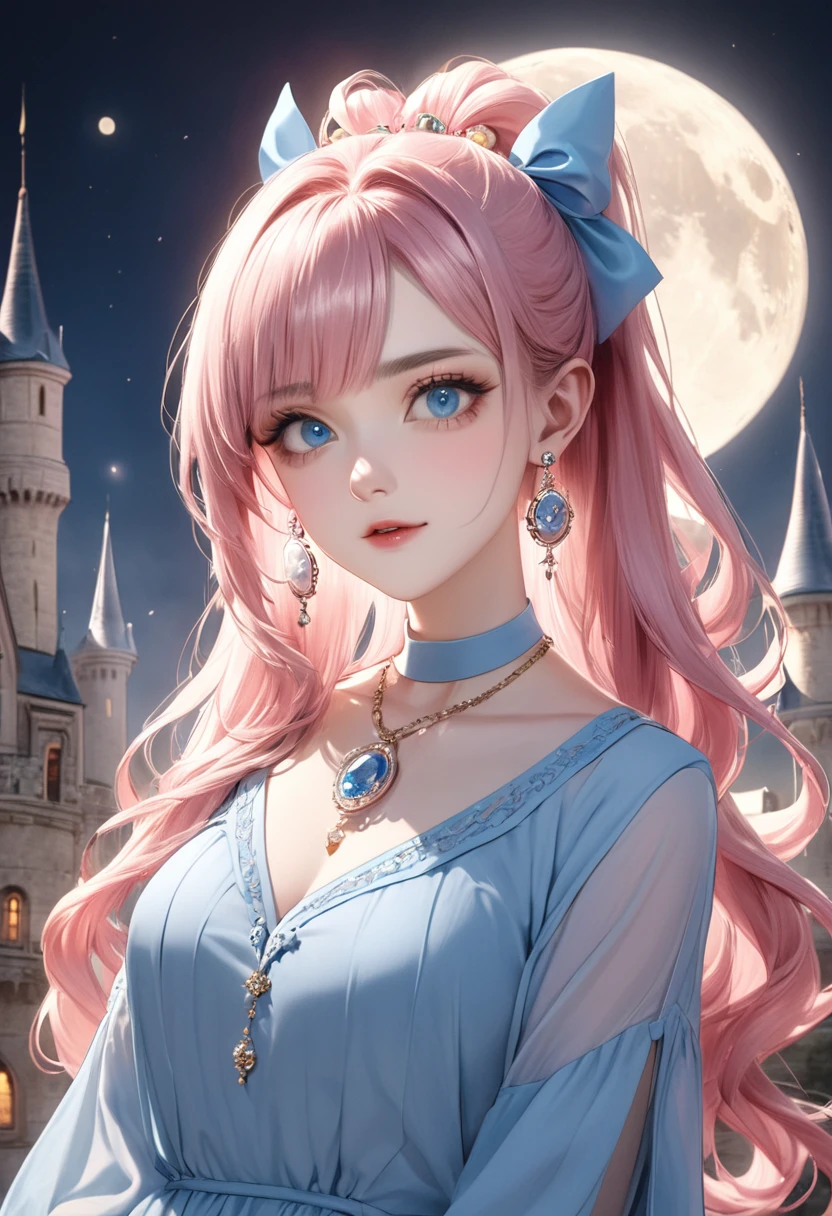 1 female Pink hair ponytail Thin pink eyebrows Dull light blue eyes society Pastel blue long dress Inside the castle full moon hair ornaments Earrings and matching necklace