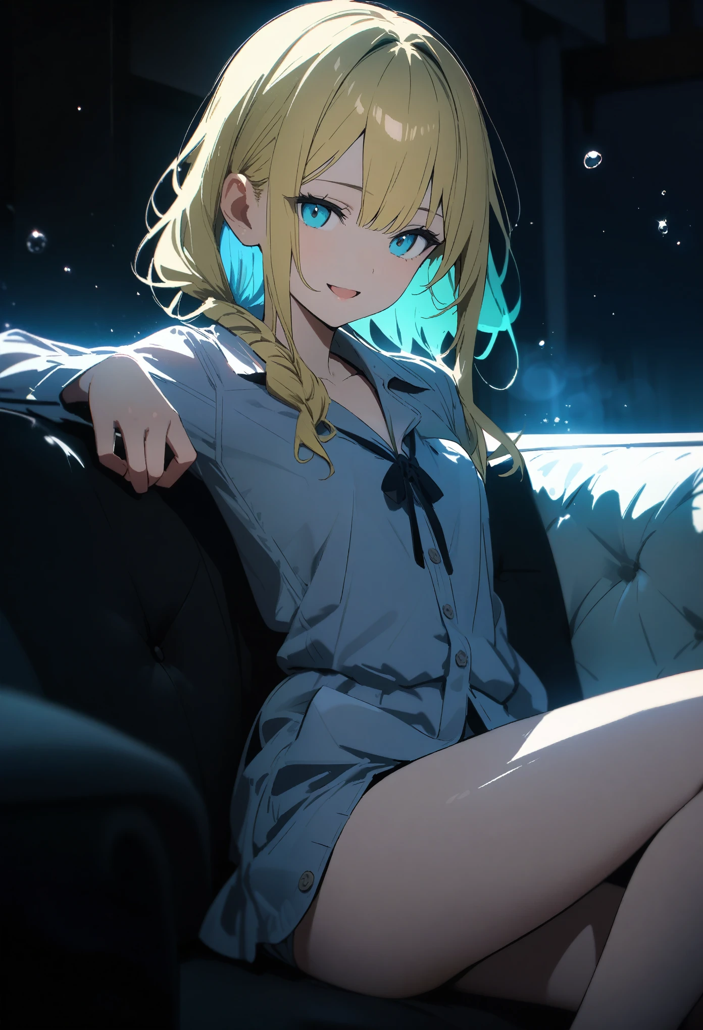 , (())、(Yellow hair colour、Light blue inner color hairstyle,Shortcuts), Beautiful Hair, Facial Contour, Remember, Lounge, moonlight、splash, Lens flare,, Natural Color, High resolution, Very delicate, Very detailed, 8k,(Breast swelling、About B cup)、(Shyness),((Sexual))、((A naughty feeling)),smile、sofa、(Sexualな画角)、View from knee