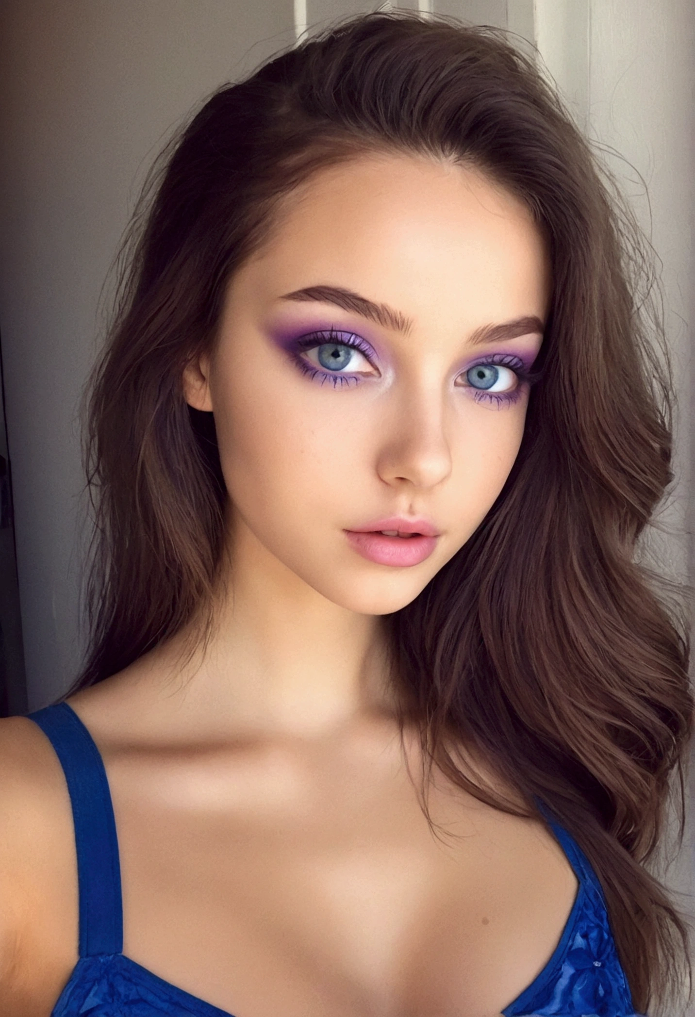 Femme polonaise avec débardeur et culotte assortis, fille sexy aux yeux bleu, Portrait Sophie Mudd, cheveux bruns et yeux bleu, selfie d&#39;une jeune femme, Yeux de chambre, violette myers, sans maquillage, maquillage naturel, regarder directement la caméra, Visage avec Artgram, Maquillage subtil, Superbe photo du corps entier, clivage, assis à table