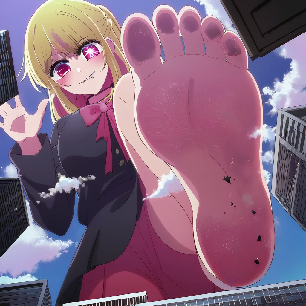 1 girl, oshi no ko, ruby hoshino, stepping, stepped on, pov, angle from above, no shoes, feet, looking down, toes, one foot out of frame, leg lift, foot focus, barefoot, standing on one leg, depth of field, outdoors,( foreshortening:1.2), facial blur, blurry face, building, city, sky, cloud, giantess, mega size, masterpiece, best quality, absurdres, ultra detailed, grinning, blonde, evil sadistic yandere glare, 6 pointed star pupil on right eye, five toes, detailed star pupil, full body shown, stinky feet, extremely dirty feet, detailed dirty feet, detailed full body, crushing a city with bare foot, a panel of her laughing at the side, 5 toes only, high quality, not out of frame, detailed eyes, the shape of a perfect foot, the shape of perfect legs, perfect body shape, 5 fingers, comic, detailed comic