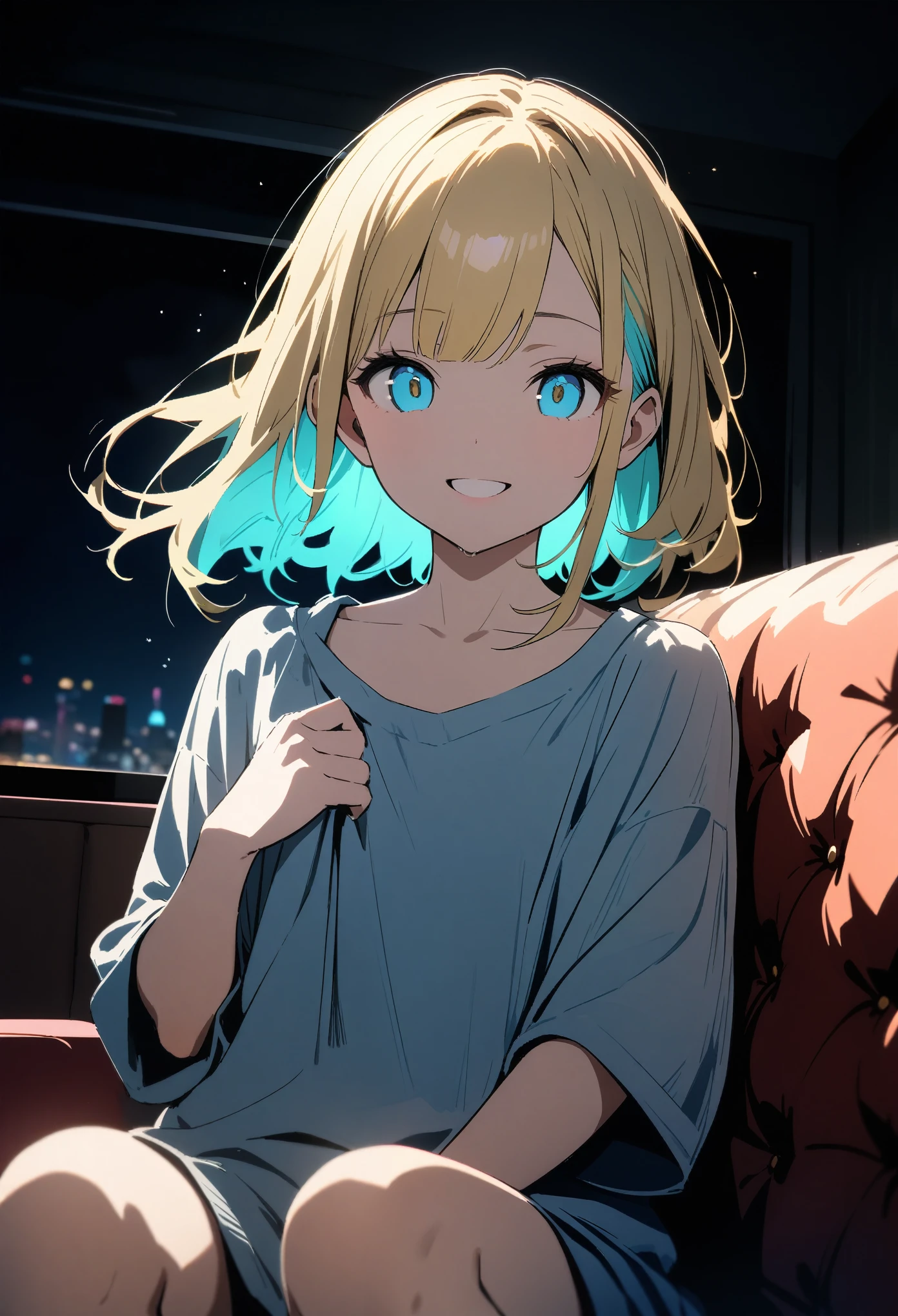 17-year-old girl, (())、(Yellow hair colour、Light blue inner color hairstyle,Shortcuts), Beautiful Hair, Facial Contour, Remember, Lounge, moonlight、splash, Lens flare,, Natural Color, High resolution, Very delicate, Very detailed, 8k,(Breast swelling、About B cup)、(Shyness),((Sexual))、((A naughty feeling)),smile、sofa、(Sexualな画角)、View from knee