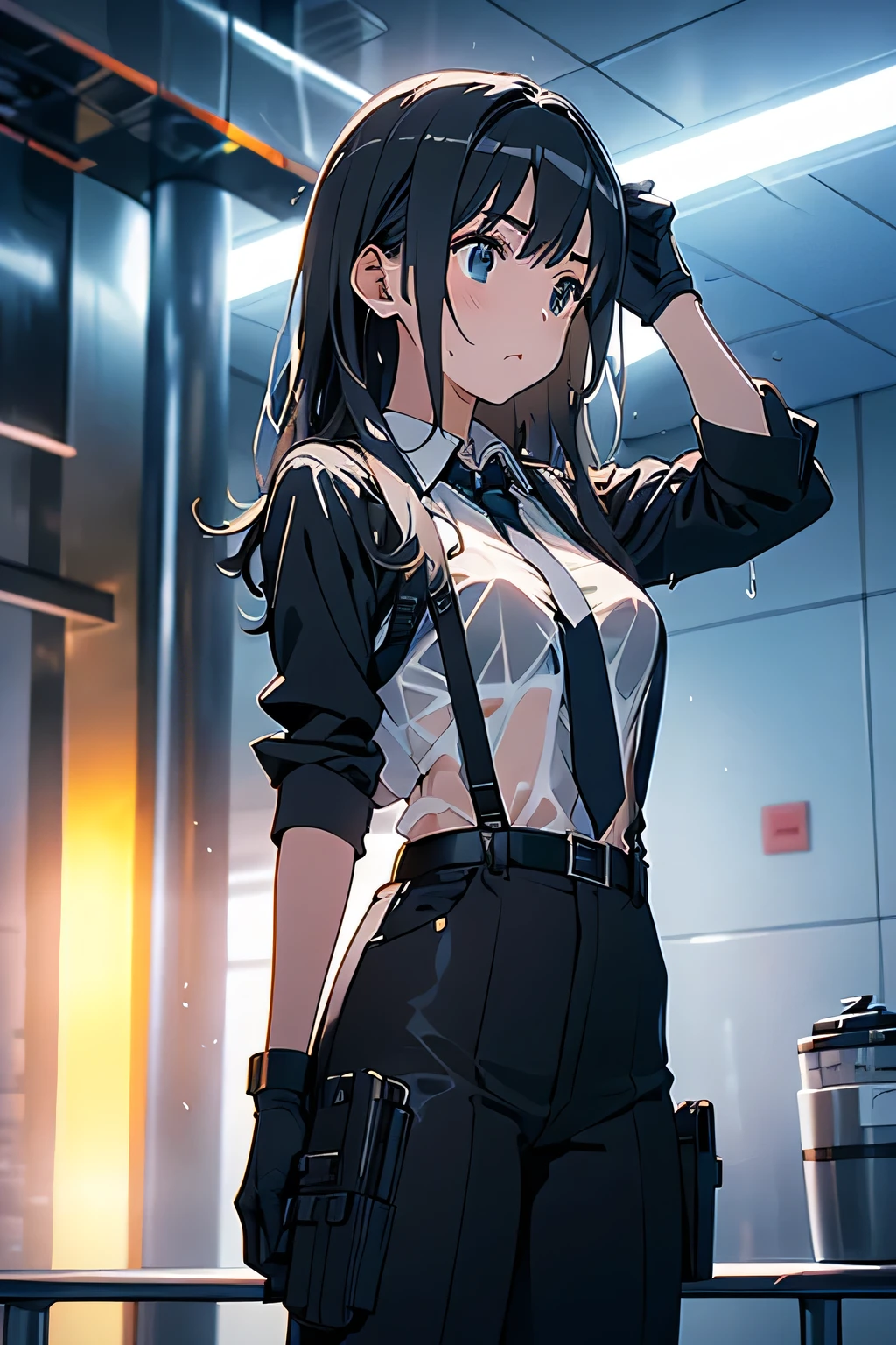 1 female, , high quality, masterpiece, Ultra-high resolution, , Cinema Lighting, , , And the suspenders with the cranes flying Large Breasts Small face holster Lying in bed Looking up Sweat belt summer 脇Sweat Black Hole Gloves suit shirt Black jacket Black trousers Leg Links ズボンにbelt holster Hands behind your back Anxious expression Looking up Anxious face, legs apart Armament Handgun handcuffs Cable ties レッグholster holster See-through clothing heavy rain Getting wet in the rain