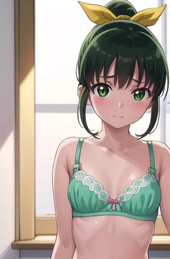 naomidorikawa, Nao Midorikawa, short hair, (Green Eyes:1.3), ponytail, Green Hair, ribbon, hair ribbon, smile, Thighs、Bed、blush、Shame face、(((Cute Bra:1.3、Cute 36)")))、break indoors,classroom,
break looking at viewer, Dynamic pose,
break (masterpiece:1.2), Highest quality, High resolution, unity 8k wallpaper, (figure:0.8), (Beautiful attention to detail:1.6), Highly detailed face, Perfect lighting, Highly detailed CG, (Perfect hands, Perfect Anatomy),